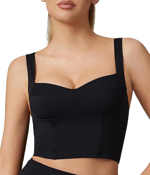 Womens Square Neck Longline Padded Sports Bra - Pushed Up Corset Front Workout Fitness Open Back Yoga Crop Tops