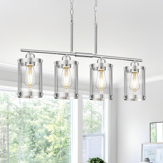 Brushed Nickel 4-Light Kitchen Island Linear Chandelier, Clear Glass