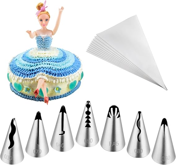 Kasmoire 7Pcs Pleated Skirt Piping Tips Set,Stainless Steel Ruffle Piping Nozzles Icing Tips Set with 10Pcs Disposable Piping Bags For Pastry Cupcakes,Cakes Cookies Decorating