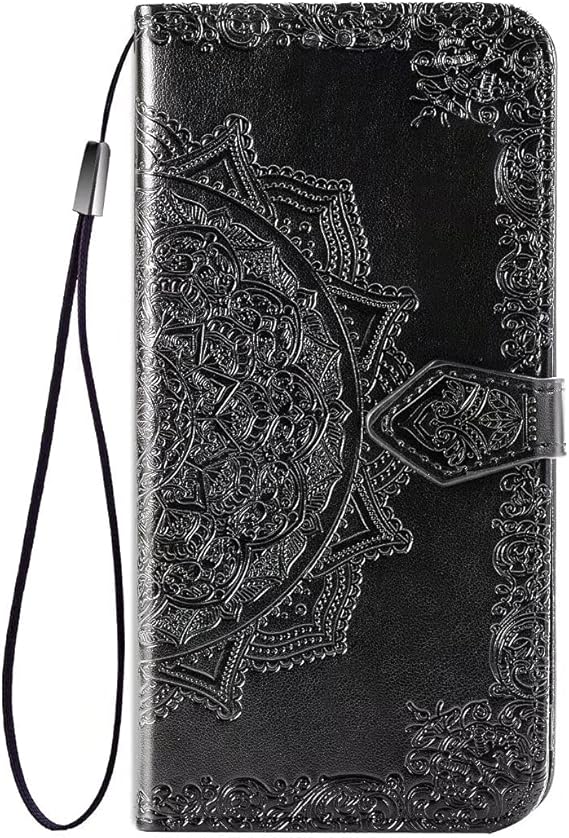 For iPhone 15 Pro Max Case Flip Phone Case Mandala Embossed Phone Case Shockproof PU Leather Stand View Wallet Bookstyle Case Cover Silicone Bumper Phone Case for iPhone 15 Pro Max Black