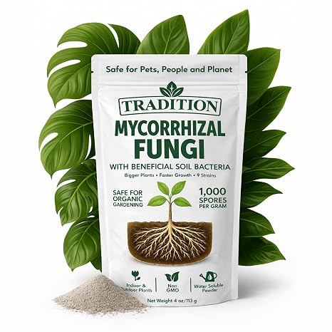 Tradition Mycorrhizal Fungi with Beneficial Soil Bacteria 1,000 Spores per Gram Water Soluble Root Inoculant for Houseplants, Vegetables, Trees & Garden Soil 4 oz