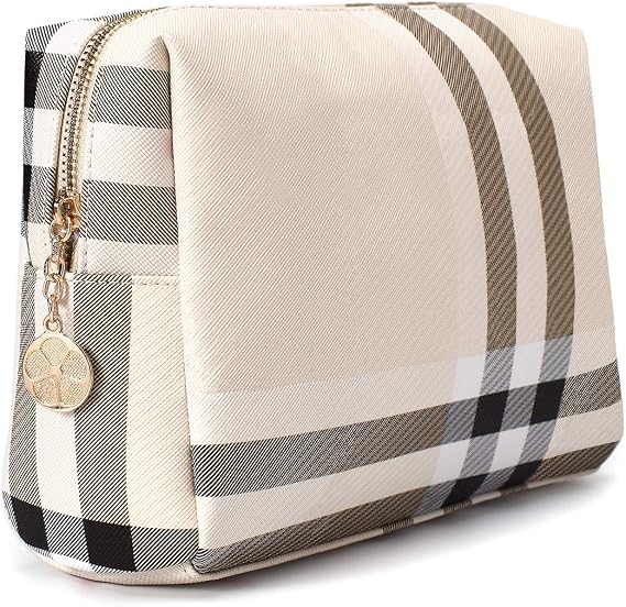 Large Makeup Bag for Purse Luxury Cosmetic Designer Make Up Pouch (Beige)