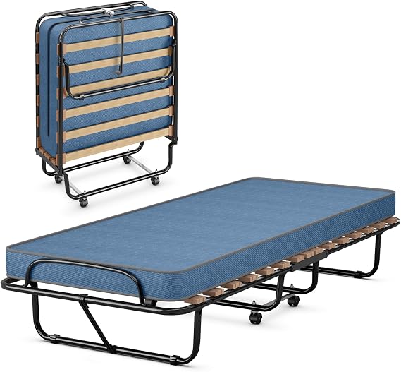 GIANTEX Folding Bed with 3" Mattress for Adults, Made in Italy, Rolling Foldaway Guest Bed, Memory Foam Mattress, Sturdy Metal Frame, Cot Size Portable Foldable Hideaway Bed, Easy to Store (Blue)