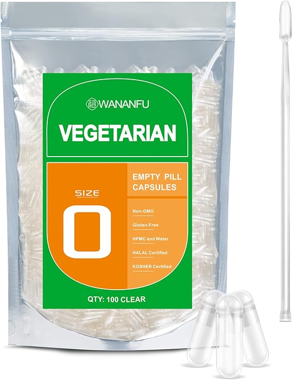 WANANFU Size 0 Empty Capsules Vegetarian (100 Count) Bundle with Micro Lab Spoon with Powder Tamper, Compatible with Capsule Filling Machine