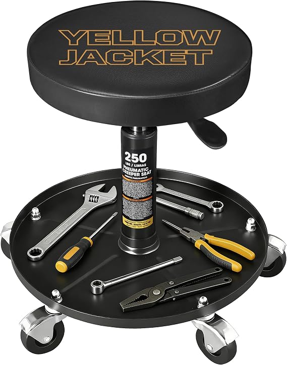 YELLOW JACKET Pneumatic Rolling Mechanic Stool with Wheels 250lb Capacity Adjustable Height Garage Shop Seat with Tool Tray for Auto Repair Workshop