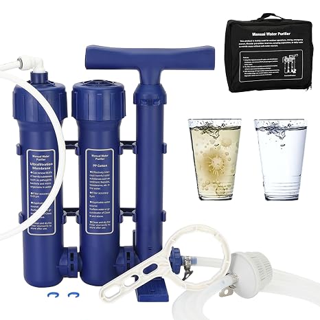 Emergency Water Filter Large Water Filtration System Survival for Camping | High Volume Water Purifier Camping, 3 Stage Water Filtration System Outdoor Portable Group Military Grade