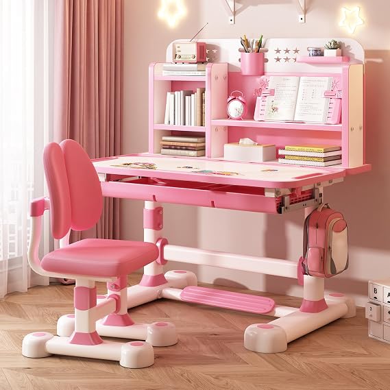 Kids Desk and Chair Set, Height Adjustable Kids Study Table and Chair Set, Children School Desk with Storage Drawer and Book Stand, Ergonomic Child ToddlerDesk with Sitting Posture Corrector (Pink 5)