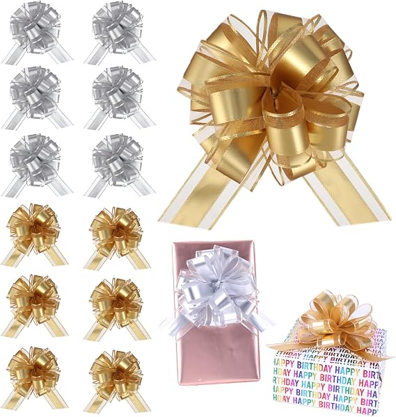 12 Pieces Pull Bow Wrapping Pull Bow Ribbon Pull Bows for Wedding Baskets,6 Inches Diameter Gift Bows, Large Bows for Presents. (Gold+Silver)
