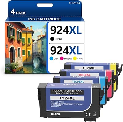 MEZOO Remanufactured 924 924XL T924 T924XL Ink Cartridge High Yeild Compatible for Workforce Pro WF-C4310 WF-C4810 Printer 4 Pack,Black Cyan Magenta Yellow