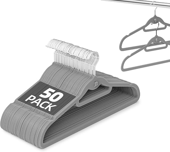 Velvet Stackable Hangers 50 Pack Space Saving Cascading Hook Gray | Ultra Thin, Non Slip Felt, Heavy Duty With 360 Swivel Hook, Shoulder Notches, for Suit Shirt Pant Dress Coat