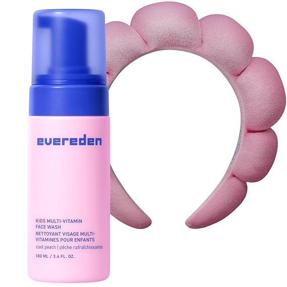 Evereden Kids Face Wash: Cool Peach, 3.4 fl oz. | Cute Terry Spa & Makeup Headband | Gentle Kids Skin Care | Non-toxic and Safe Ingredients for Sensitive Skin | Multi-Vitamin Skin Care