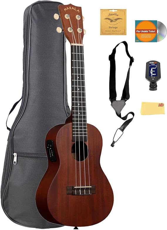 Kala MK-CE Makala Concert Acoustic-Electric Ukulele Bundle with Gig Bag, Tuner, Aquila Strings, Strap, Austin Bazaar Instructional DVD, and Polishing Cloth