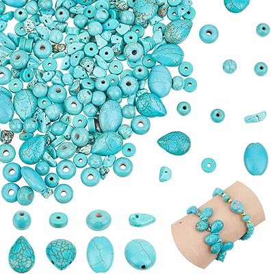 arricraft About 250 Pcs 6 Styles Turquoise Beads, Oval Round Disc Rondelle Chip Teardrop Heishi Bead Irregular Loose Stone Beads for Christmas Bracelet Necklace Jewelry Making Hole: 1mm
