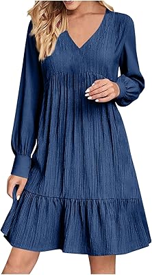 Womens Casual Long Sleeve Dresses Fall V Neck Pleated Tiered Ruffle Hem A-Line Dress Loose Flowy Swing Mini Dresses