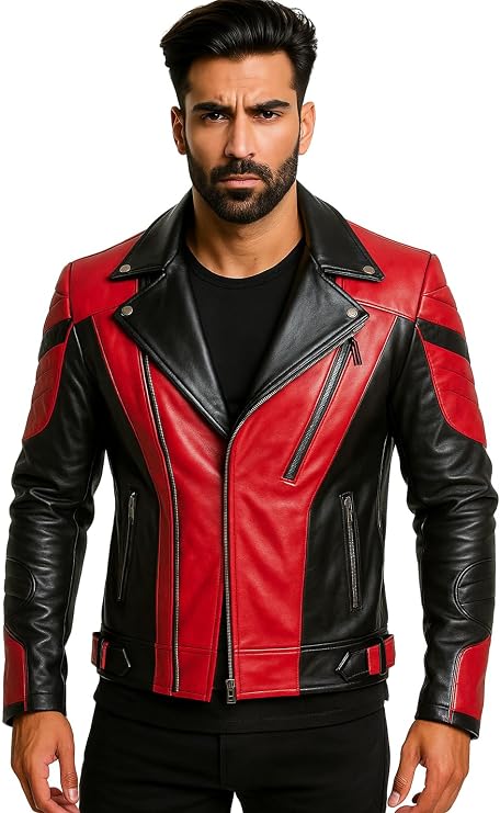 Mens Biker Style Faux Leather Jacket | Red & Black Moto Jacket with Zipper Pockets, Snap Buttons & Adjustable Waist