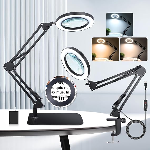 10X 20X Magnifying Glass with Light and Stand and Clamp, 2-in-1 Desk Book Magnifier for Reading 3 Color Modes Lighted Magnifying. Glass with Stand, Adjustable Height Magnifiers with Light Hands Free