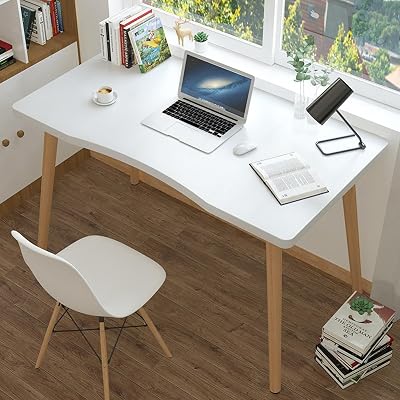 Computer Desk, Nordic Style Spacious Desktop, Home Office Study Desk, Student Wood Writing Table with Ergonomic Edge for Work or Study White