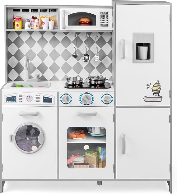 HONEY JOY Kids Kitchen Playset, Wooden Little Chef Pretend Play Kitchen Set w/Ice Maker, Lighted Stove, Storage Cabinet, Realistic Washing Machine, Play Kitchen for Toddlers, Gift for Boys Girls, Gray