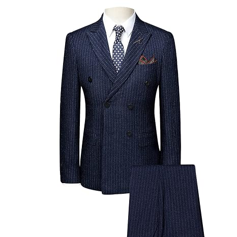 Mens Double Breasted Pinstripe 2 Piece Suit Slim Fit Elegant Prom Blazer and Pants Business Wedding Tuxedo Set (Blue 1,X-Large)