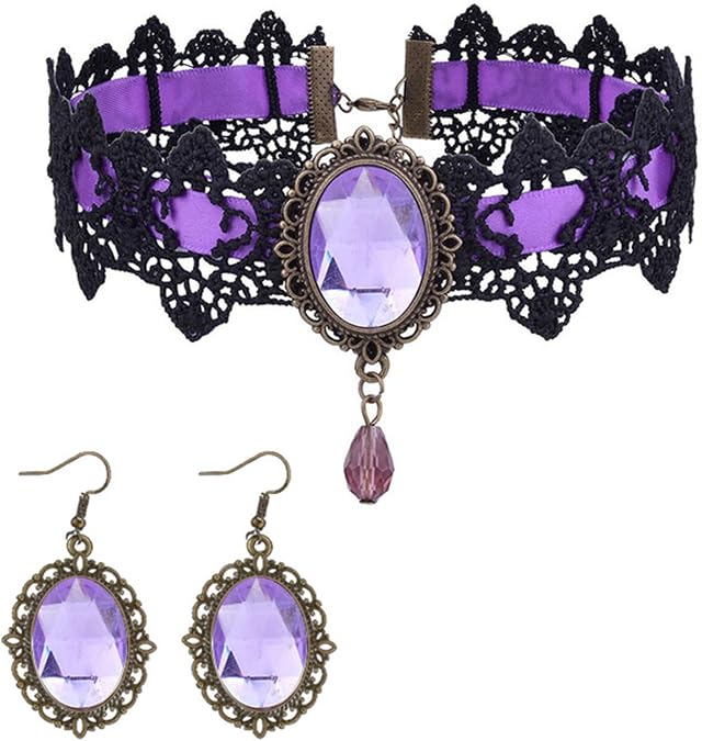 GYRMMUE Gothic Necklace Earrings Set for Women,Vintage Lace Hollow Out Necklace Punk-Style Crystal Glass Cameo Earrings Goth Mysterious Vampire Jewelry Halloween Accessories