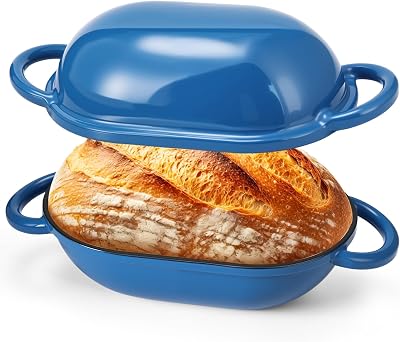 Maxdot 4qt Dutch Oven with Lid Enameled Cast Iron Sourdough Bread Pan for Baking Non Stick Single with Loop Handles for Family Homemade BreadbakingBlue