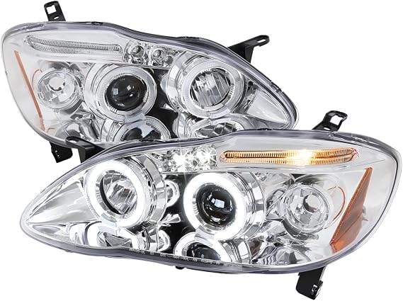 Dual Halo Projector Headlights (Chrome Housing/Clear Lens) Made for and Compatible with 2003-2008 Toyota Corolla