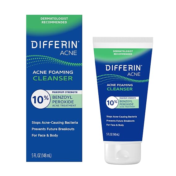 Differin Acne Foaming Face Wash, Max Strength, 10% Benzoyl Peroxide, 5oz