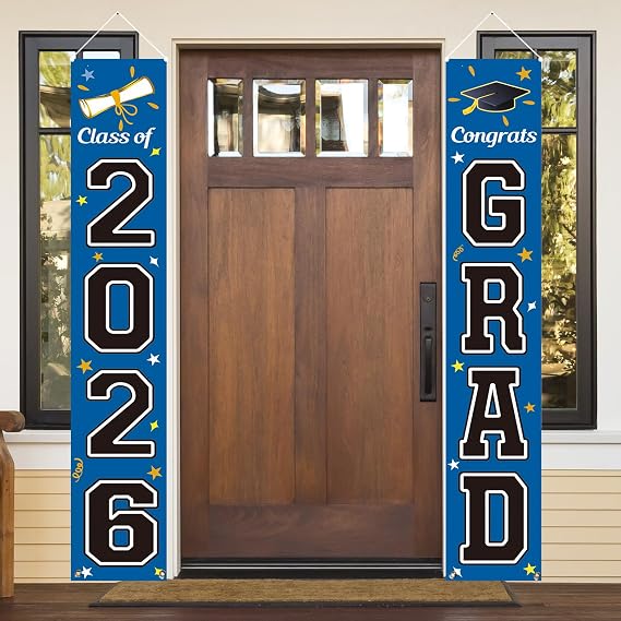 KMUYSL Graduation Decorations Class of 2026, Graduation Party Decorations 2026, Blue & Black Congrats Grad Banner Hanging Flags Porch Sign for Any School Indoor/Outdoor Decor