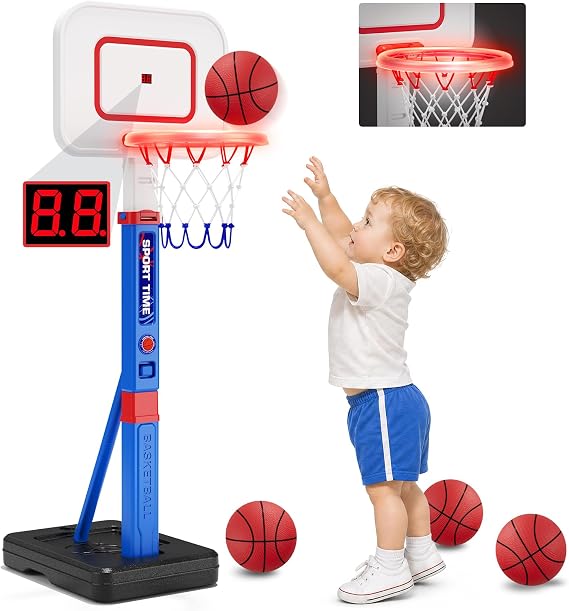 HYES Kids Basketball Hoop with Scoreboard/LED Basketball Rim for Child 3-5
