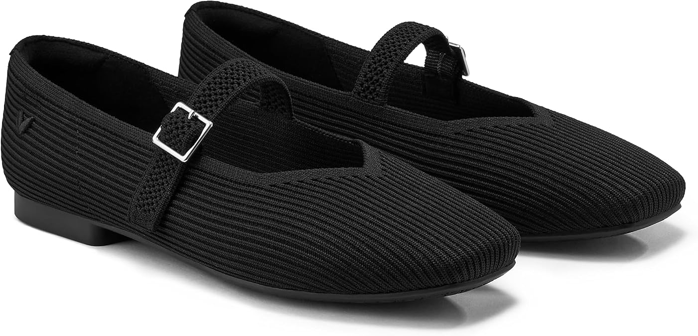 VIVAIA Margot Mary Jane Women Flat Shoes Slip on Square-Toe Washable Shoes Comfortable for Work with Arch Support Black, 9-9.5 Wide