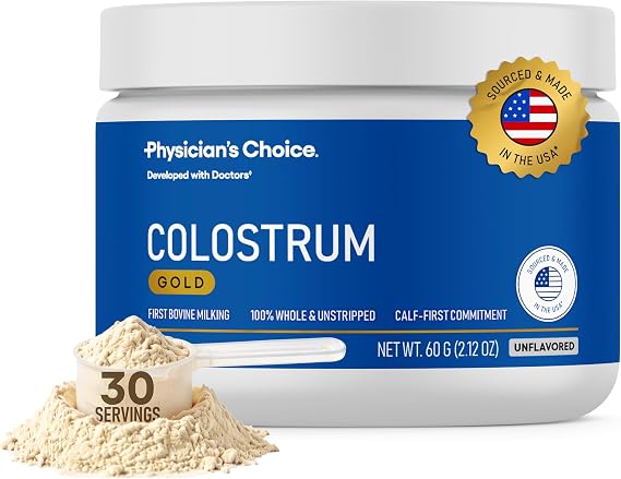 Physician's CHOICE Colostrum Gold Powder - First-Day Milking for Gut & Immune Support - Potent IgG Antibodies & Bioactive Nutrients - Whole & Unstripped - Easy to Mix - Made in the USA - 30 Servings