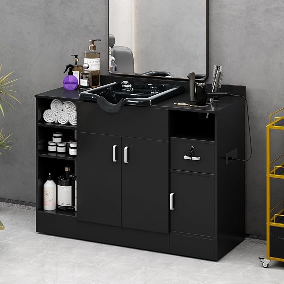 Black Shampoo Backwash Station for Salons, Salon Station with Shampoo Bowl & Storage Cabinet, Drawer,10V Outlets, USB Port, Suitable Height Match with Shampoo Chair, Salon Equipment for Spa Beauty