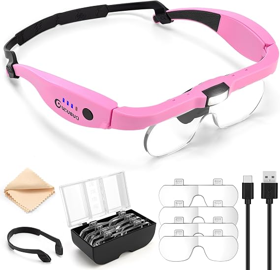 Magnifying Glass with Light, 1.5X-5.0X Magnifying Glasses 4 Lenses | Detachable,Light Weight Acrylic Lens, Rechargeable, Adjustable Magnifier Headset, Magnify Glasses for Close Work Crafts Hobby