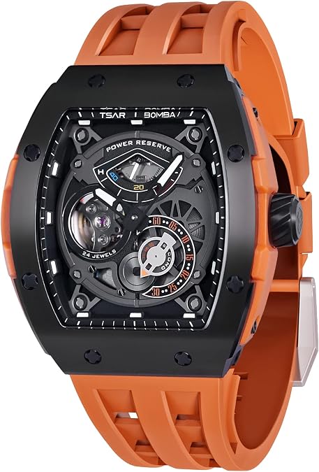 TSAR BOMBA Watches for Men Automatic Mechanical Men's Analog Watch Skeleton Wrist Watch Tonneau Watches Replica Gift Big Face Dial Cool Watch with Luminous Sapphire Crystal Case FKM Rubber Strap