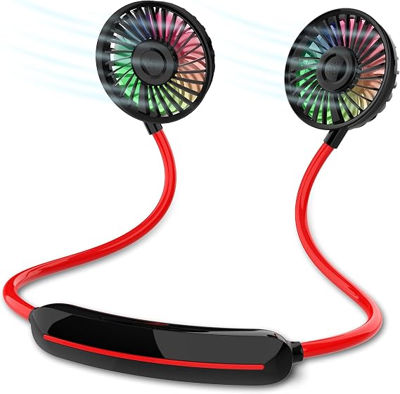 GULAKI Upgraded Hands Free Portable Neck Fan - Rechargeable Mini USB Personal Fan Battery Operated with 3 Level Air Flow, 7 LED lights for Home Office Travel Indoor Outdoor (NEW- BLACK+RED)