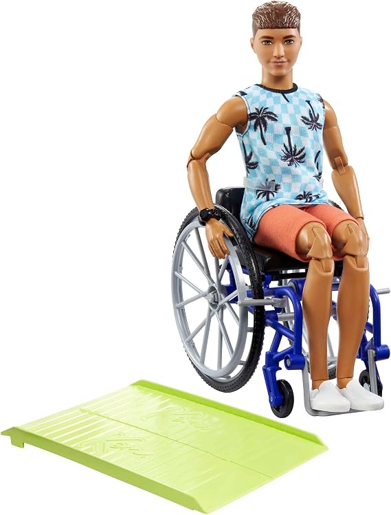 Ken Doll with Wheelchair & Ramp, Kids Toys, Barbie Fashionistas, Brunette with Beachy Tee and Orange Shorts, Clothes and Accessories, HJT59