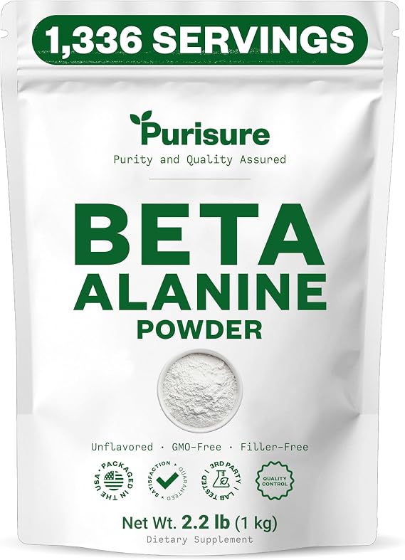 Purisure Beta Alanine Powder 1kg, Pure Beta Alanine Pre-Workout Supplement for Sustained Energy, Beta Alanine Pre Workout Powder for Men and Women, Alanine Supplement for Endurance, 1,336 Servings