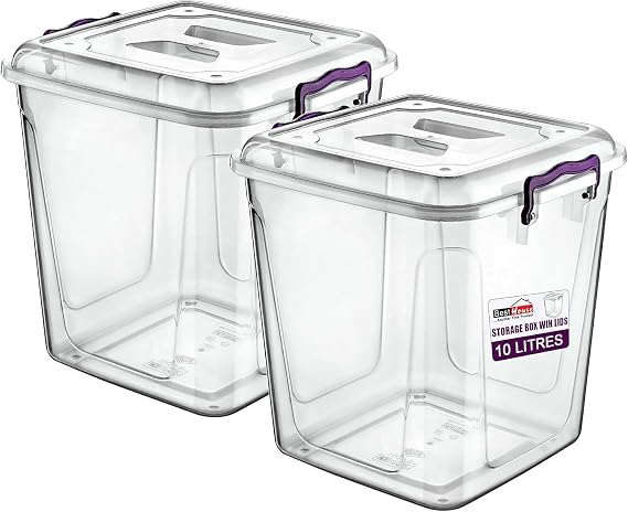 Best House 10 Litres Deep Clear Storage Box Container with Lid Square and Handles, Stackable Organizer Bin for Home, Kitchen, Garage, and Store Cloths, Boots, Toys, Food, and Accessories (Pack of 2)