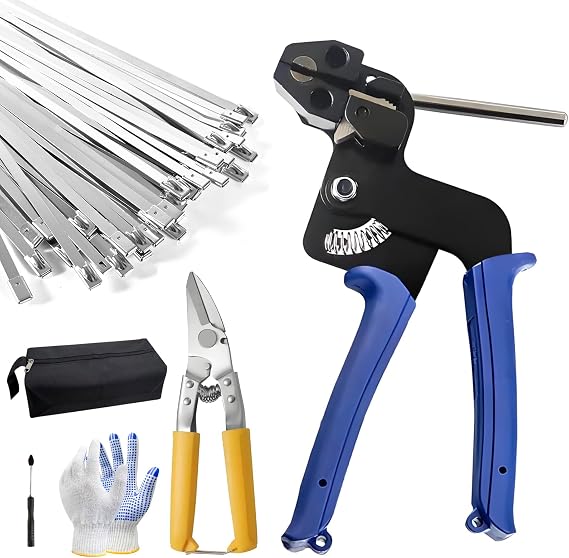 Heavy Duty Stainless Steel Zip Tie Gun Kit with 100pcs Self-Locking Metal Cable Ties, Duty Outdoor Adjustable Fastening Cutting Tie Tool Sets, Durable & Adjustable Tool Set (Blue)
