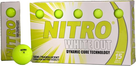 Nitro Long Distance Peak Performance Golf Balls (15PK) All Levels White Out 70 Compression High Velocity White Hot Core Long Distance Golf Balls USGA Approved-Total of 15-Yellow