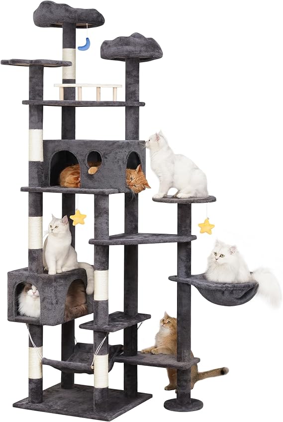 Meecal Cat Tree, 79in Large Tower for Multiple Indoor Big Cats, Smoky Gray | Maine Coon Cat Tree, Multi-Level Giant Cat Tower with Scratching Post, 2 Cat Condos, Hammocks, Perches, Hanging Toys