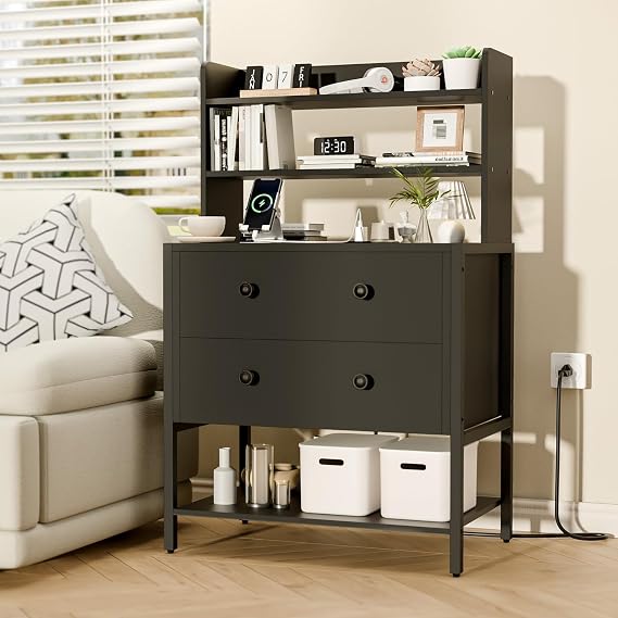 39" Tall Nightstand Set 2 with Charging Station & 2 Drawers, Black | Beside Table with 4-tier Open Shelves, 2 AC Outlets & 2 USB Ports, Bookshelf Nightstand for Dorm and Apartment