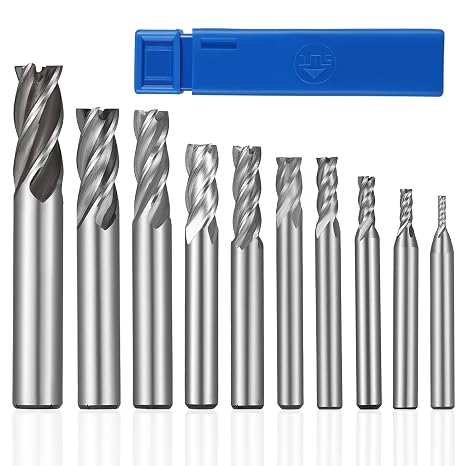 HSEAMALL HSS End Mill Cutter Set, 10-Piece, 2-12mm, 4 Flutes, CNC Milling Cutters for Metal