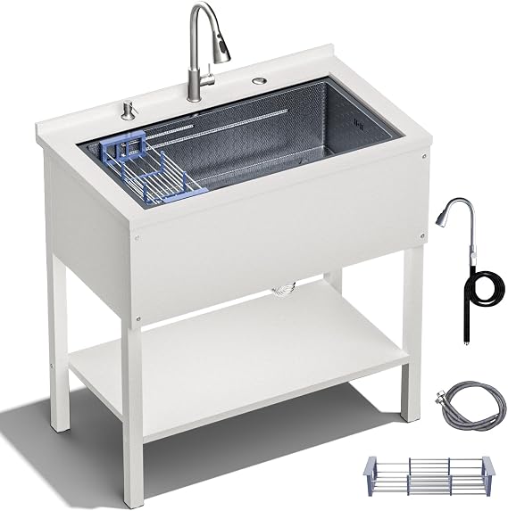 36" Stainless Steel Utility Sink,Laundry Freestanding Sink with Cold and Hot Water Faucet,Commercial Single Bowl,Laundry Room Utility Sink for Kitchens, Garage, Bathrooms