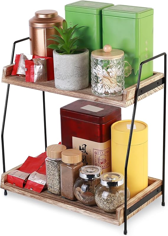Coffee Station Organizer, Kitchen Counter Shelf Organiser, 2 Tier Wooden Coffee Bar Accessories, Countertop Shelf, Standing Tea and Coffee Condiment Storage for Office Kitchen Home Accessories