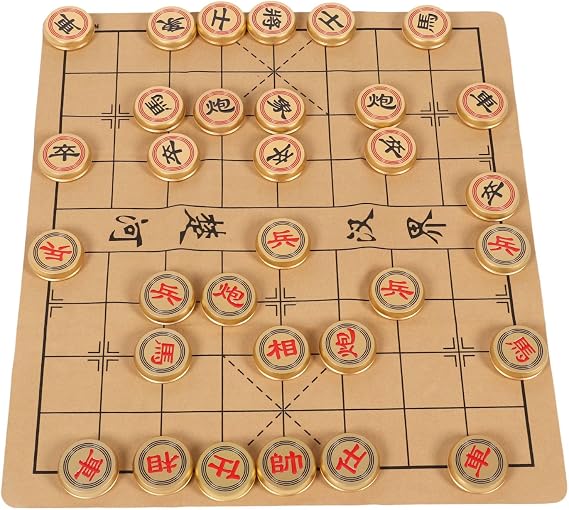 Traditional Chinese Chess Set, Portable Xiangqi Strategy Board Game for 2 Players with Foldable Chessboard and Gold Chess Box, Educational and Entertaining Family Gathering