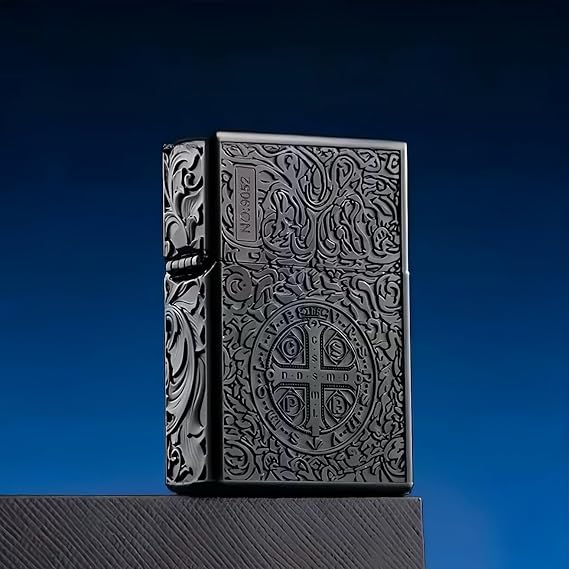 ZORRO 902S Brass Constantine Cross Refillable Windproof Kerosene Oil Lighter Five-Sided Embossed Armor Design, Collectible Gift with Box or Men Dad Husband (Black)
