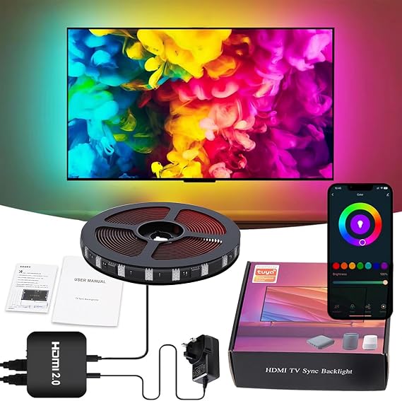 TV Back light Strip Color Lights with HDMI 2.0 Sync Box, RGBIC Monitor Backlight, Immersion Ambient Lighting Strips, Supports Screen Sync, App Control, Intelligent Voice Control (For 40-50 inch TV) [Energy Class A+]
