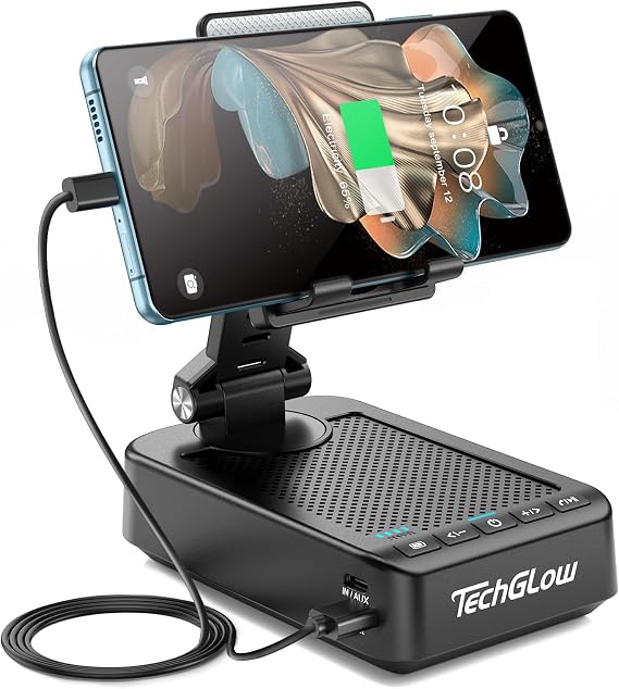 TechGlow Foldable Cellphone Stand with Bluetooth Speaker Charging Function 360 Rotatable Phone Stand Birthday Gifts for Men Women Mother Father Cool Tech Gadgets