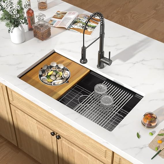 Black Undermount Kitchen Sink, 36x19 Workstation 16 Gauge T-304 Stainless Steel Single Bowl Under Counter Sink for Kitchen with Cutting Board, Mixing Bowl & Pasta Strainer #TLU-0042